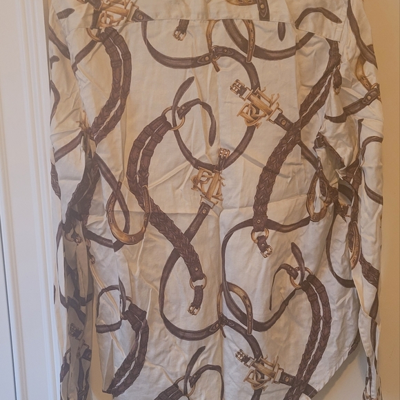 Ralph Lauren Beige Brown Gold Long Sleeve Cotton Printed Logo Button Shirt Top - Picture 2 of 7